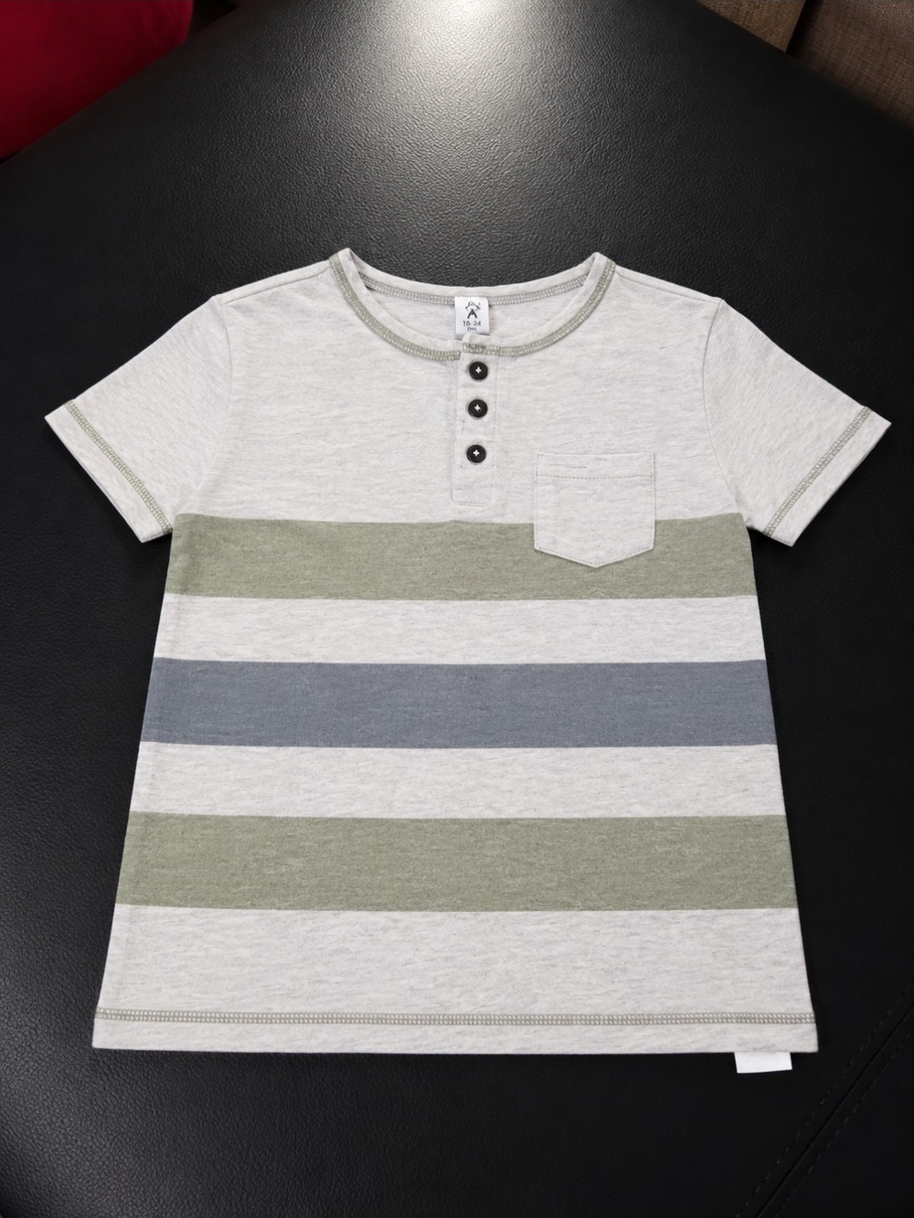 Splendid Short Sleeve Stripe Henley Tee - Light Gray, Olive, Slate Blue Size 7